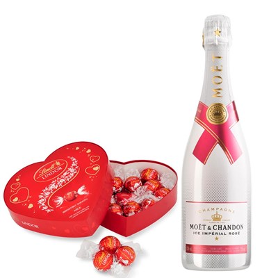 Moet &amp;amp; Chandon Ice Imperial Rose 75cl And Lindt Lindor Armour Heart Milk Truffle Box 160g